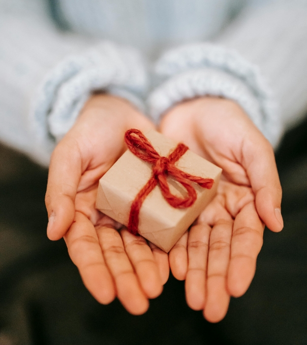 Mains portant un petit cadeau